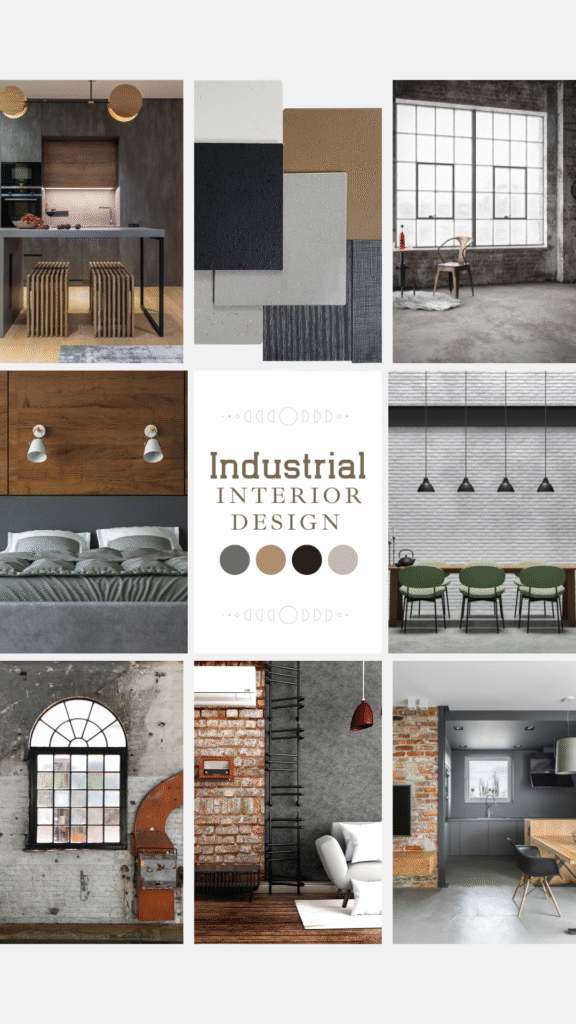 Collage of industrial interior design elements, featuring images of a kitchen, bedroom, living space, and close-ups of exposed brick, large windows, and industrial lighting, combined with color swatches.
